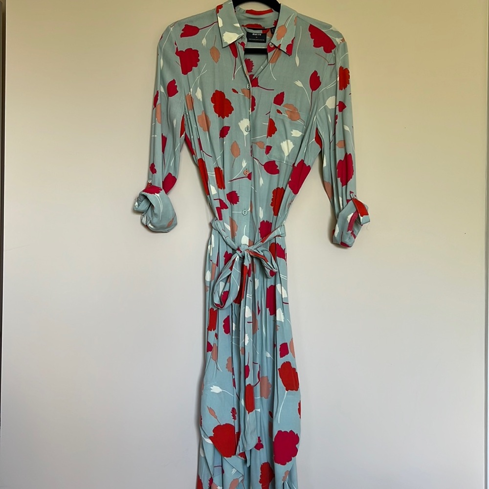 ANTHRO Maeve Blue Leaf Print Shirt Dress